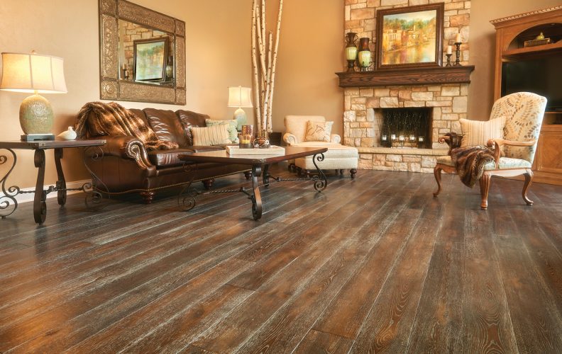 Live Sawn White Oak, Hand Scraped, Wire Brushed, Custom Dark Walnut Stain - living room
